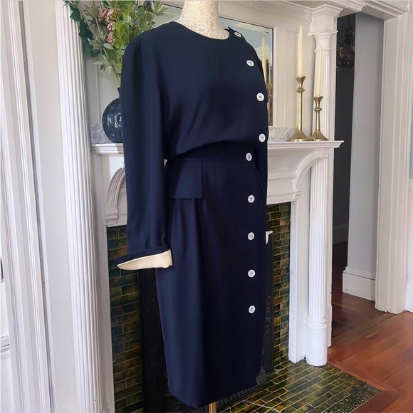 VINTAGE VALENTINO MISS V 100% Wool Navy Side Button Midi Dress Size 10 - Picture 5 of 15